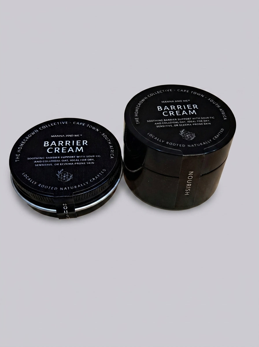 Manna and Me Barrier Cream glass jar, rich natural skin food for soothing dry, itchy, and eczema-prone skin.