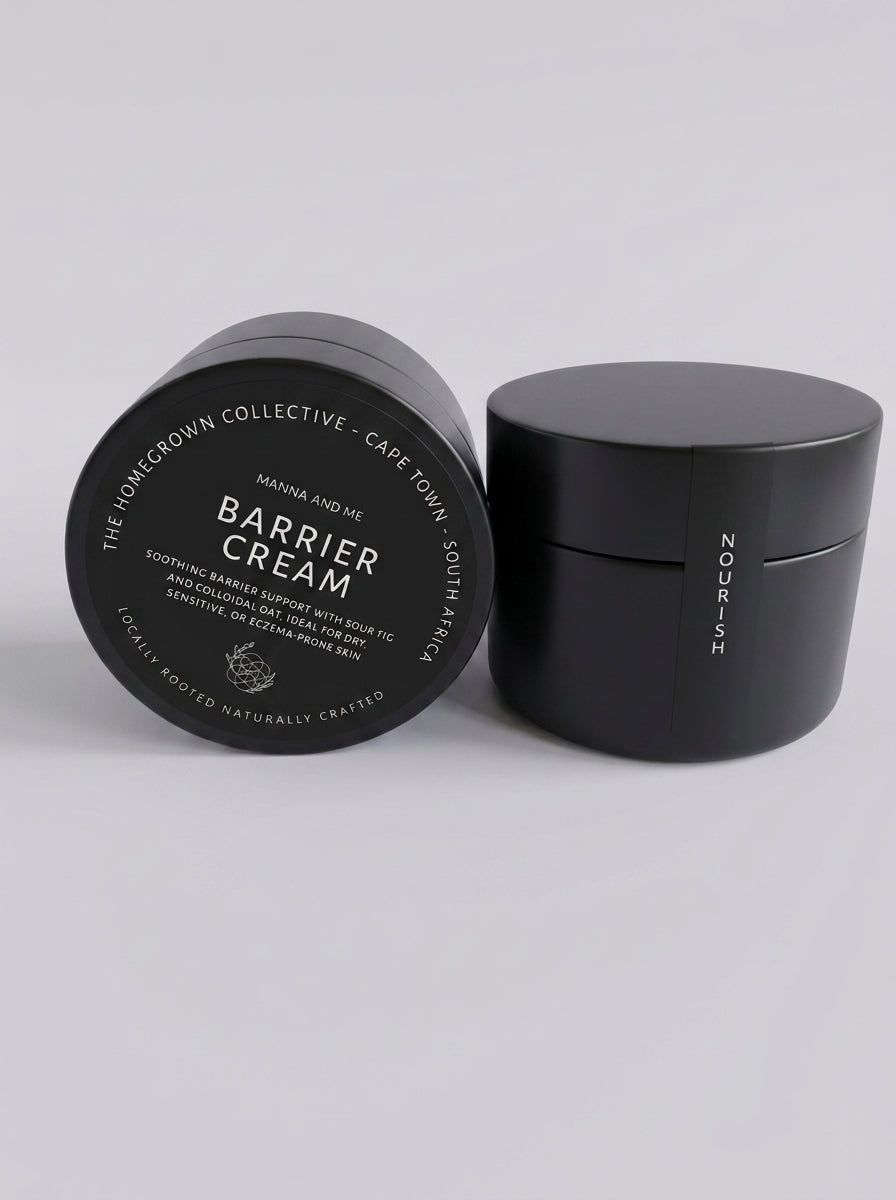 Manna and Me Barrier Cream glass jar, rich natural skin food for soothing dry, itchy, and eczema-prone skin.