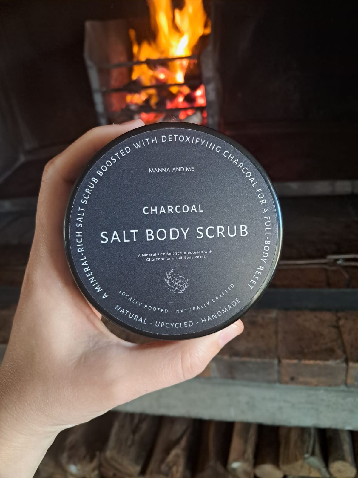 Manna and Me Salt Body Polish jar, exfoliating mineral salt scrub for smooth refreshed skin.