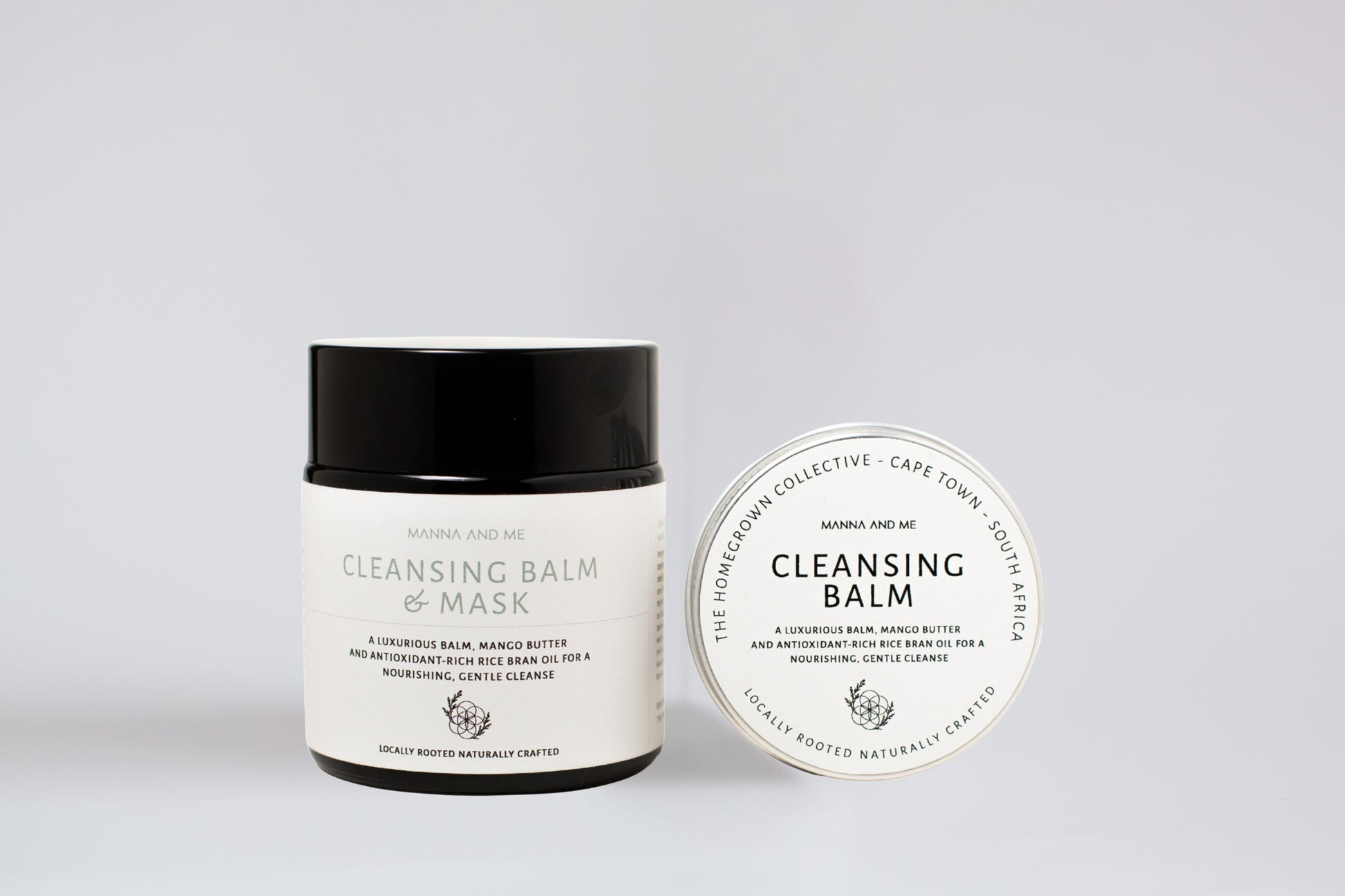 Manna and Me Cleansing Balm and Face Mask jar, soothing botanical oil-to-milk daily cleanser.