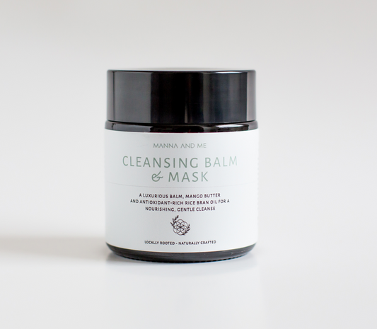 Manna and Me Cleansing Balm and Face Mask jar, soothing botanical oil-to-milk daily cleanser.