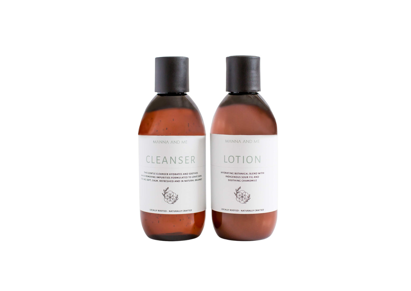 Manna and Me daily facial Cleanser and nourishing Body Lotion bottle bundle for calm skin.