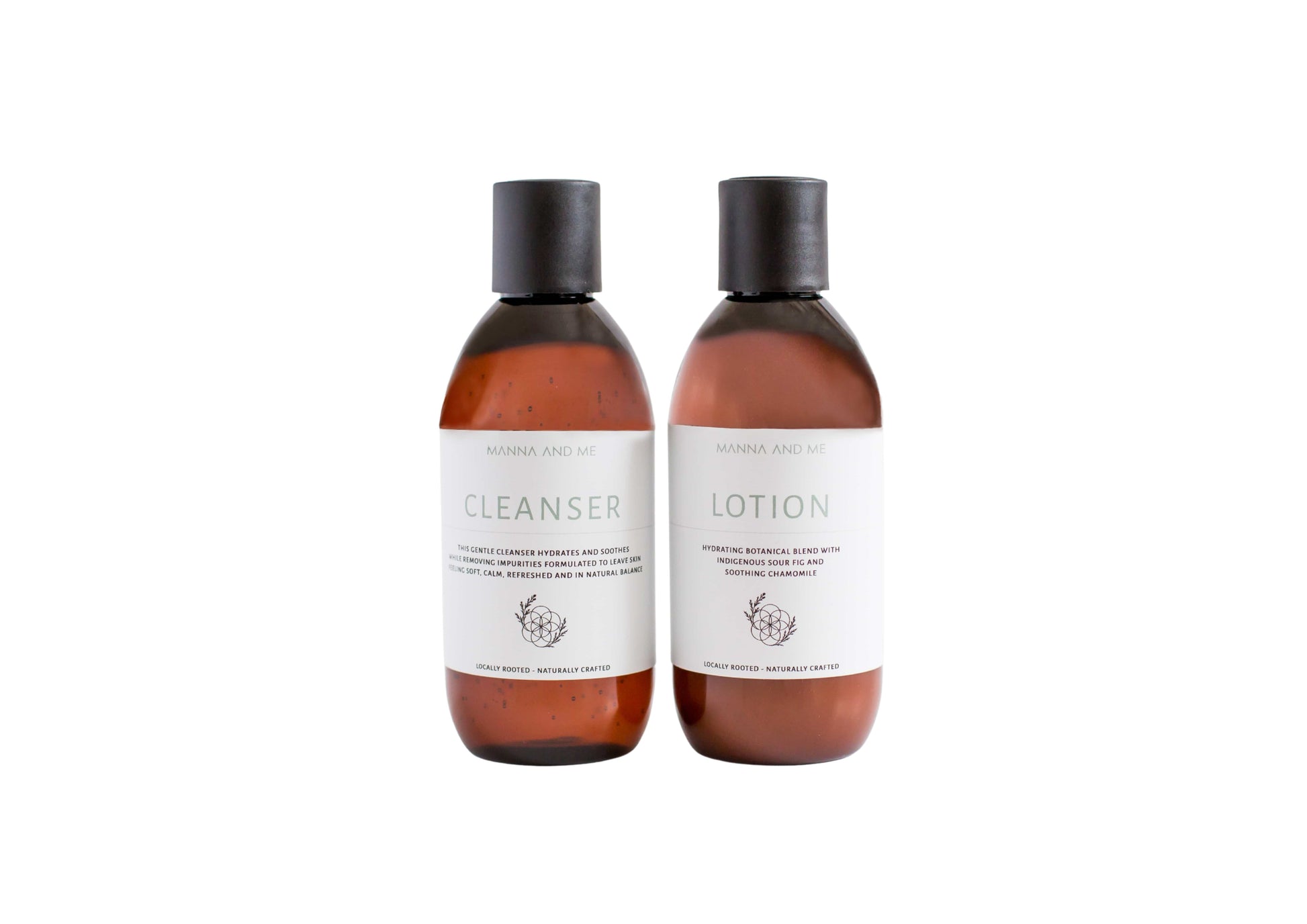 Manna and Me daily facial Cleanser and nourishing Body Lotion bottle bundle for calm skin.