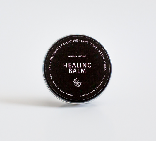 Manna and Me intensive Healing Balm tin, natural soothing salve for dry skin patches and irritations.