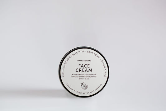 Manna and Me Soothing Face Cream enriched with Devil's Claw and Sour Fig for sensitive skin barrier hydration.