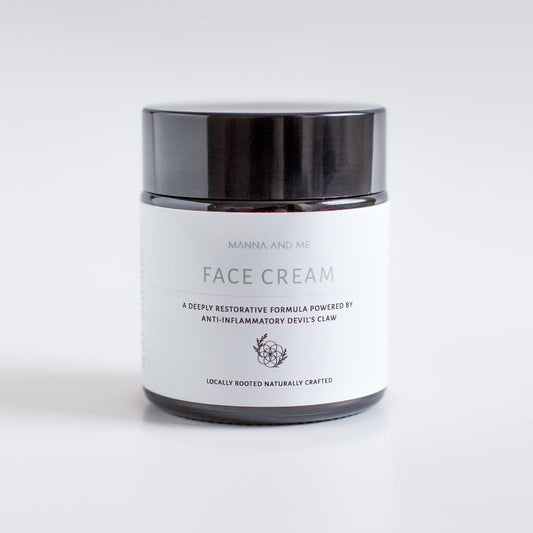 Manna and Me Soothing Face Cream enriched with Devil's Claw and Sour Fig for sensitive skin barrier hydration.